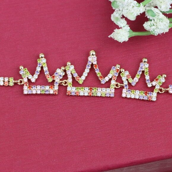 "Crown Charm Rose Gold Bracelet with Multicolor CZ, Adjustable Fit, XPBL0737 - Picture 11 of 12